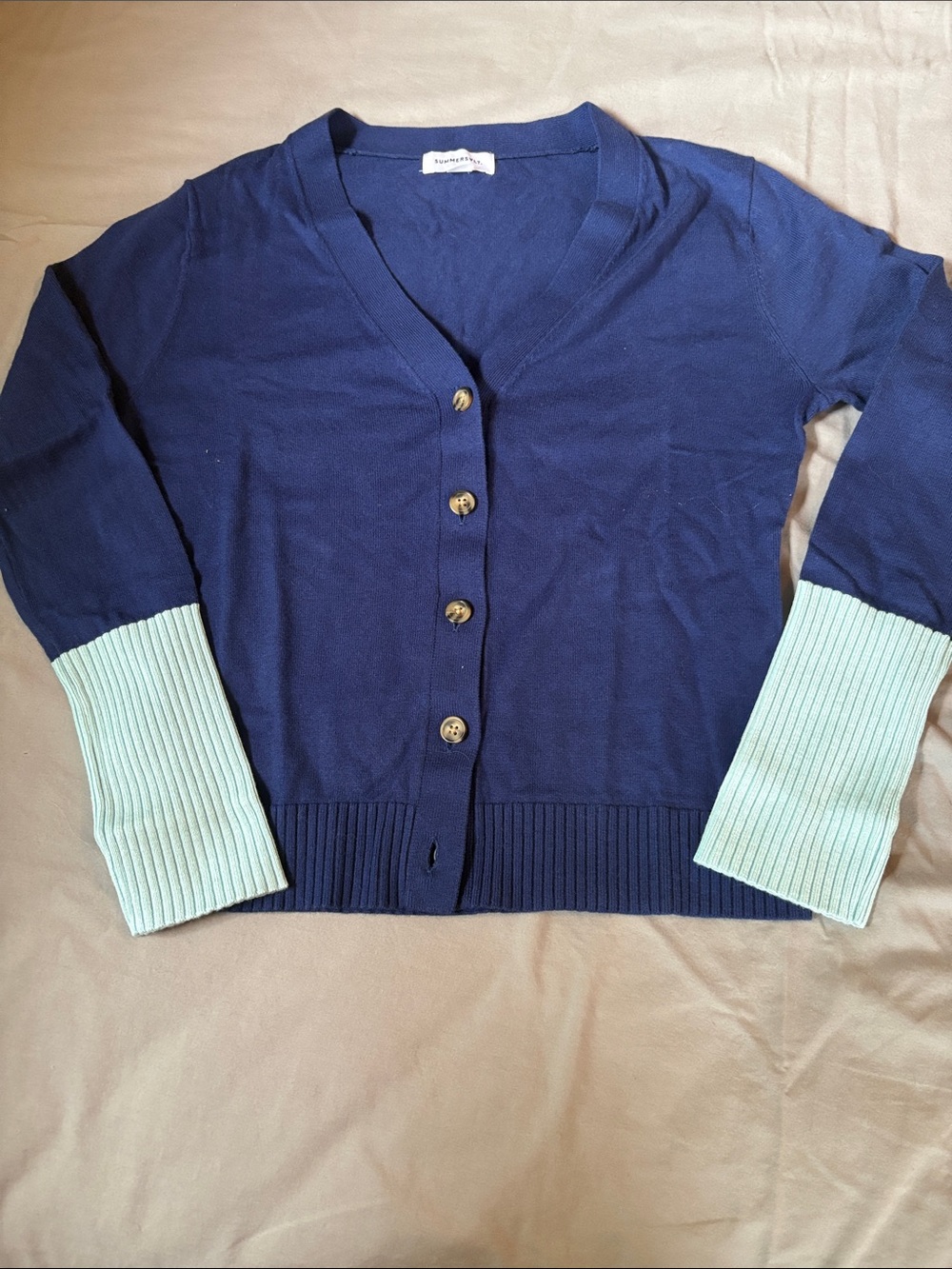 NWOT Summersalt Navy Cardigan Sweater with Light Blue Ribbed Cuffs